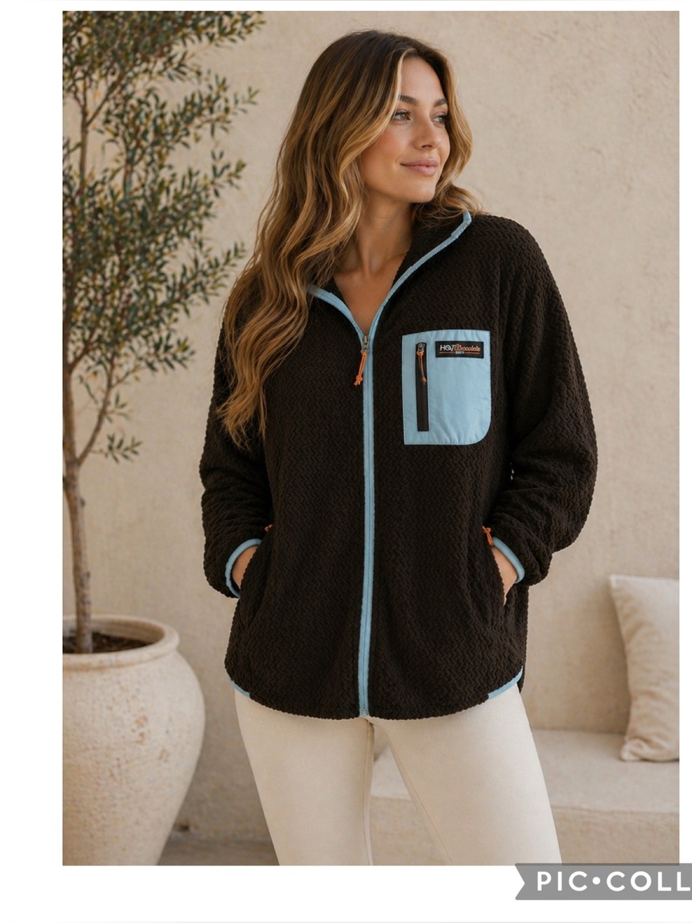 Hot Chocolate Run Ventures Endurance Fleece Jacket Brown Blue Full Zip Hoodie